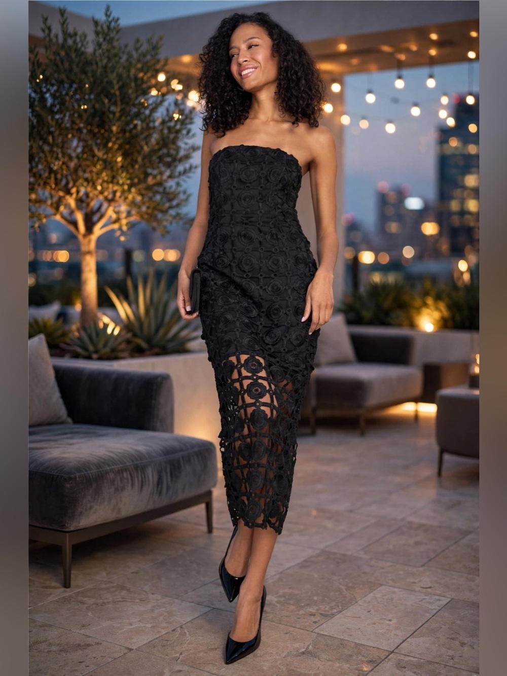 MILLY Black Kait Tile Lace Dress Strapless Black Crochet Midi DresS SIZE 10